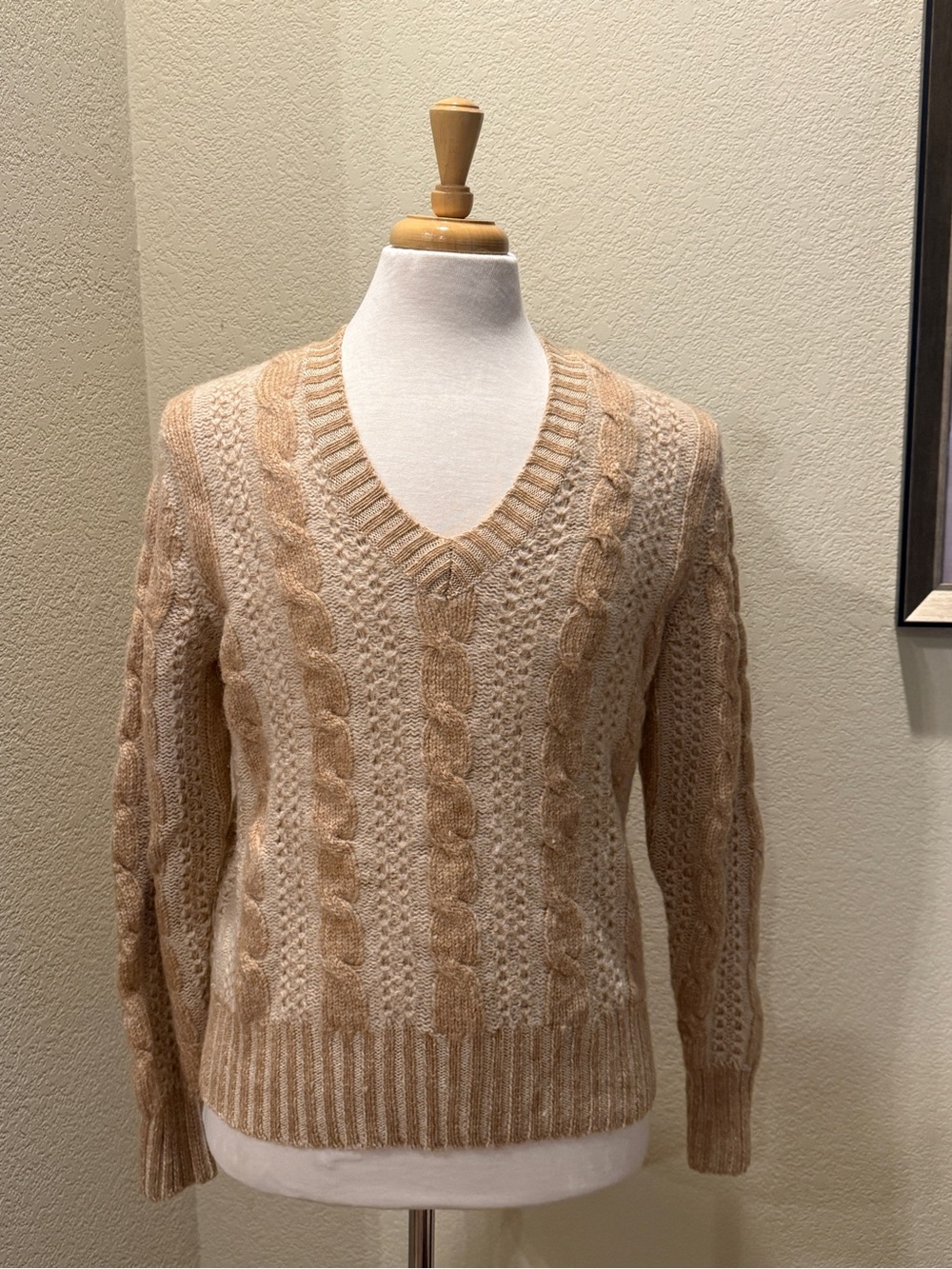 VTG Men’s Camel Hair Wool Cable Knit Grandpacore Sweater V Neck 42 L